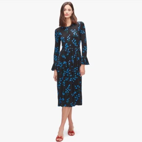 Kate Spade Size 6 Midi Sea Breeze Floral Dress Flutter Blue Green Black Spring - Picture 1 of 10